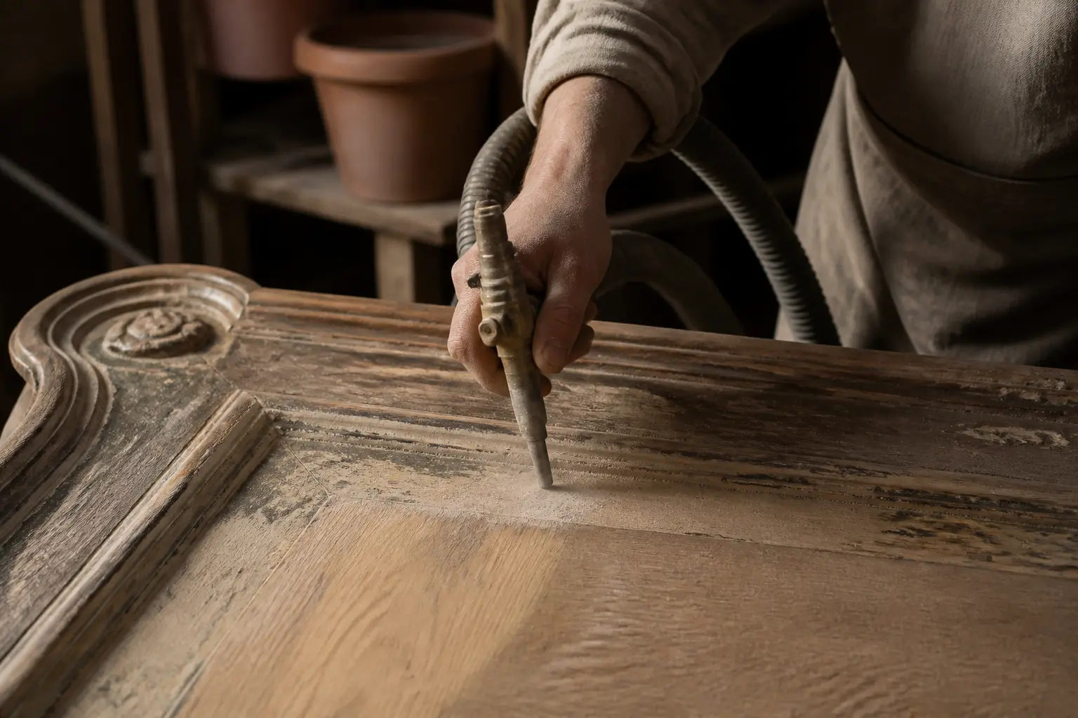 Aérogommage bois en atelier : un artisan retire l’ancien fini d’un panneau, révélant le veinage brut et des marques légères