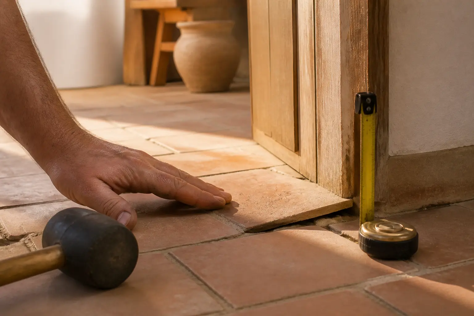 Vérification d’un sol avant de coller carrelage sur carrelage : main, carreau soulevé, joints fissurés, seuil mesuré.