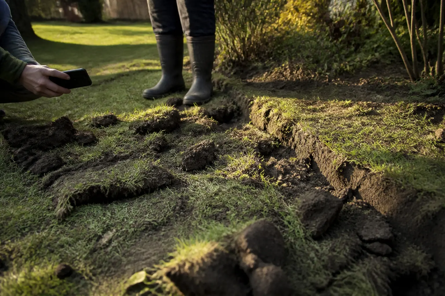 Comment arranger une pelouse démontée par les sangliers : gazon arraché, terre soulevée, bottes et photo d’inspection