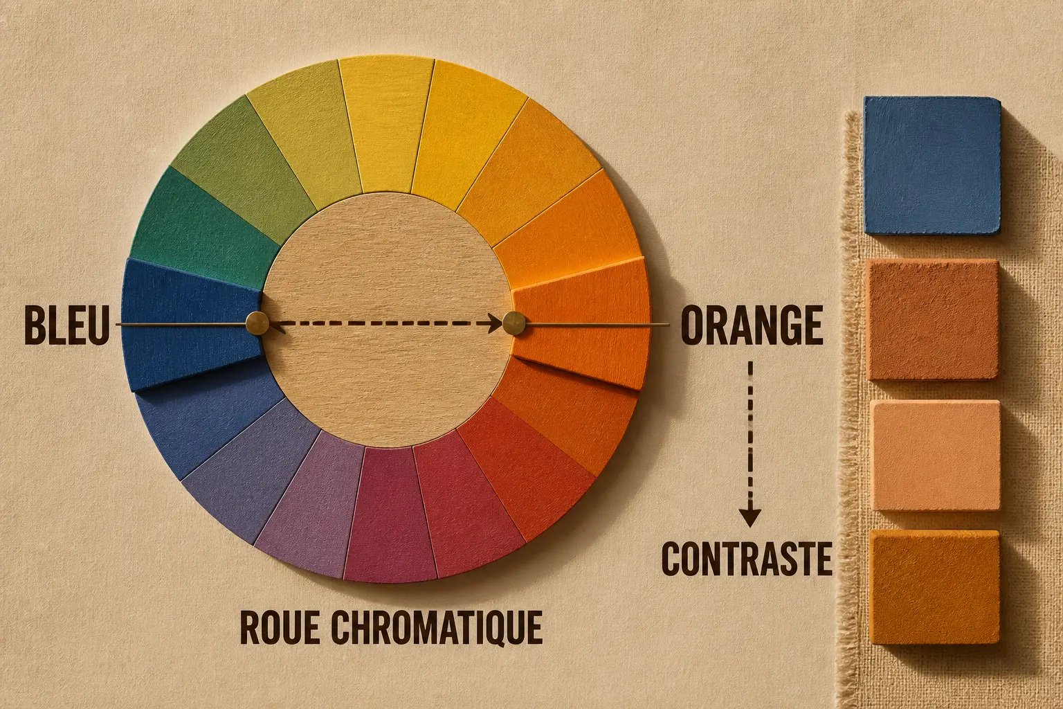 Infographie sur la couleur complémentaire du bleu : roue chromatique avec bleu et orange opposé, swatches contrastés.