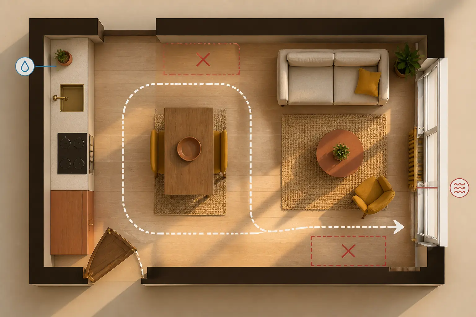 Plan d’une cuisine ouverte sur salon 25m2 : zones cuisine, repas et salon, circulation claire, portes, fenêtre et points techniques visibles