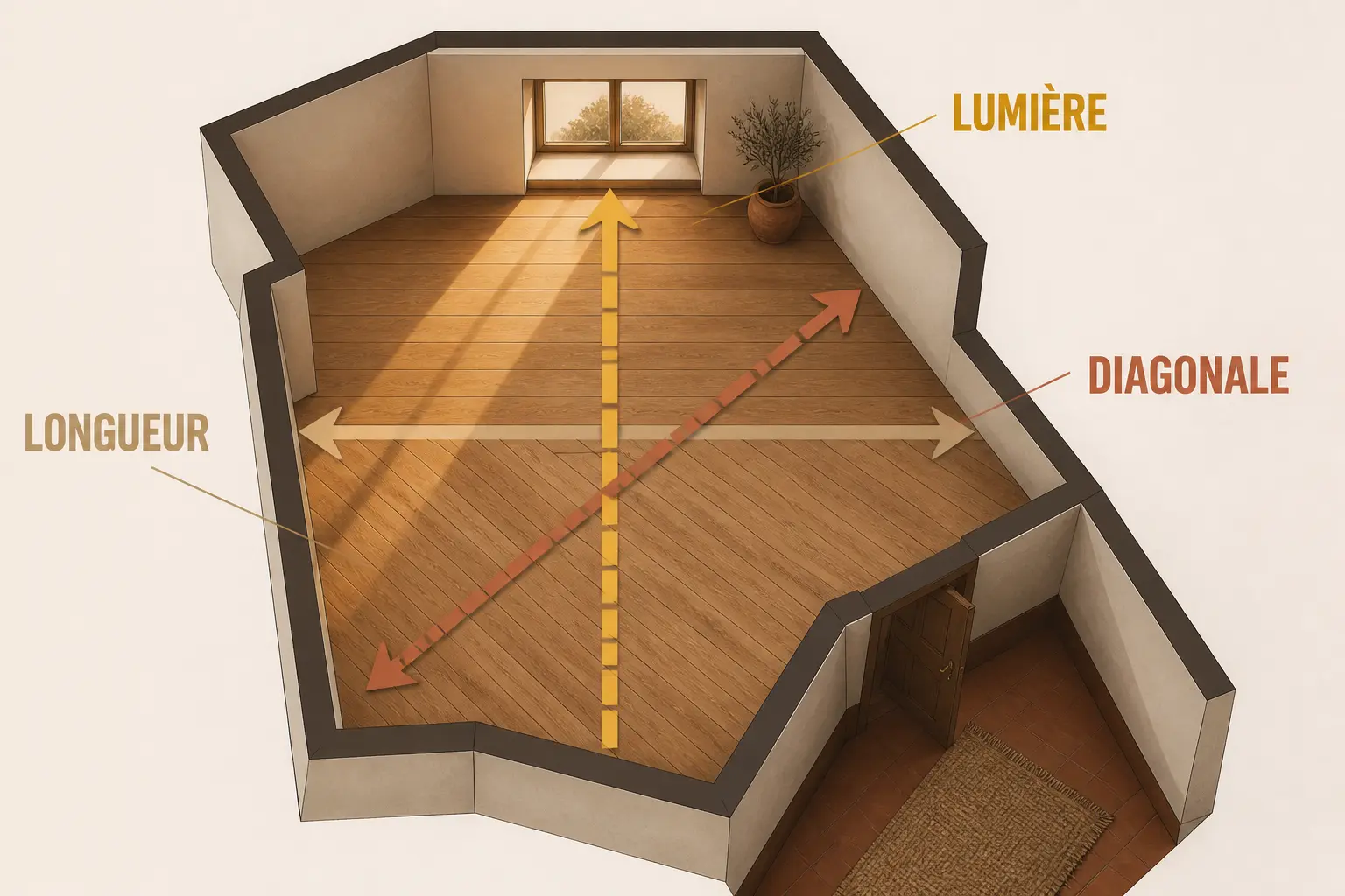 Schéma d’un plan de pièce montrant dans quel sens poser parquet : lumière, longueur ou diagonale, avec flèches et fenêtre.
