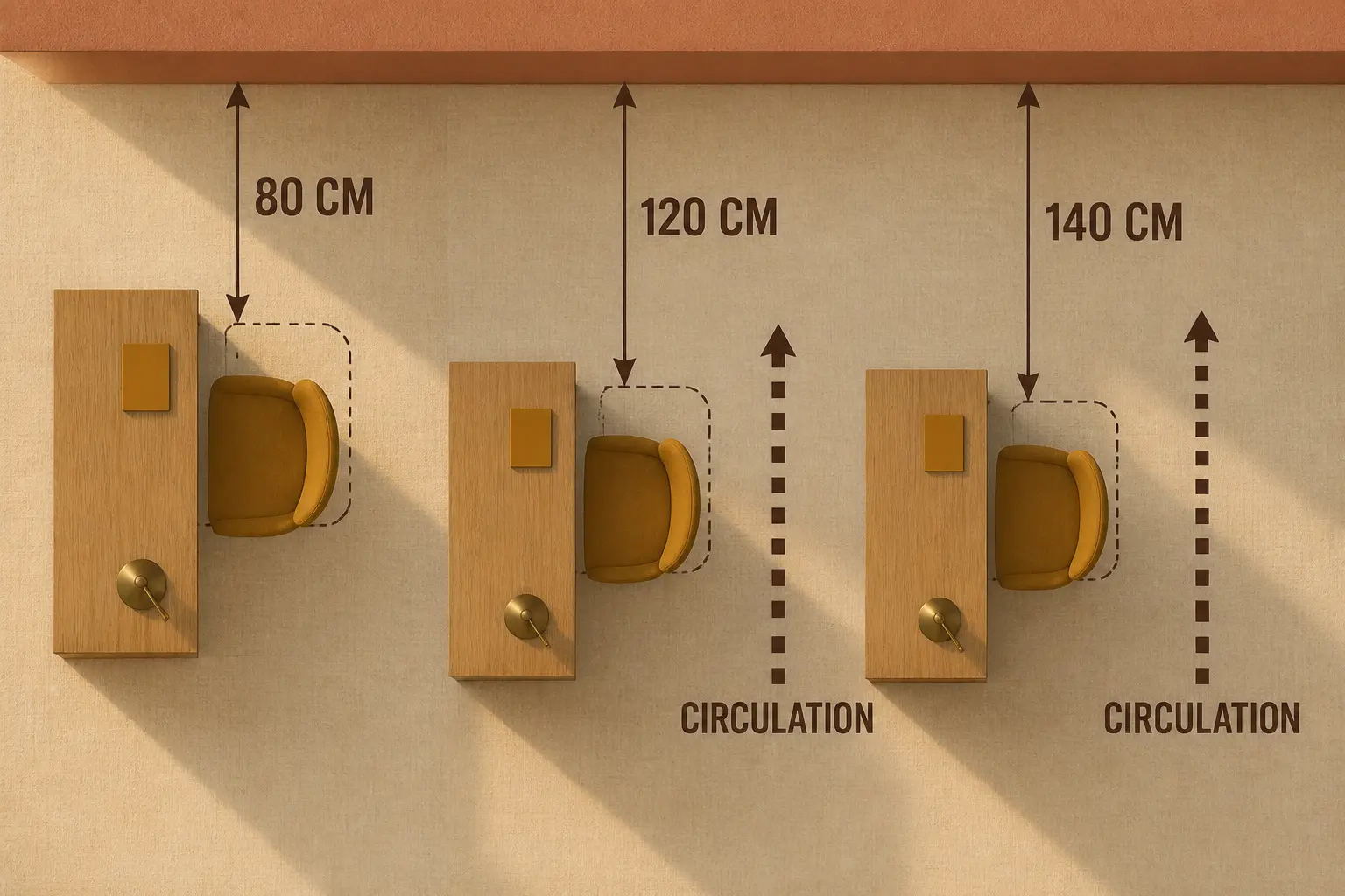 Schéma comparatif de la distance entre bureau et mur avec 80, 120 et 140 cm, circulation et recul de chaise.