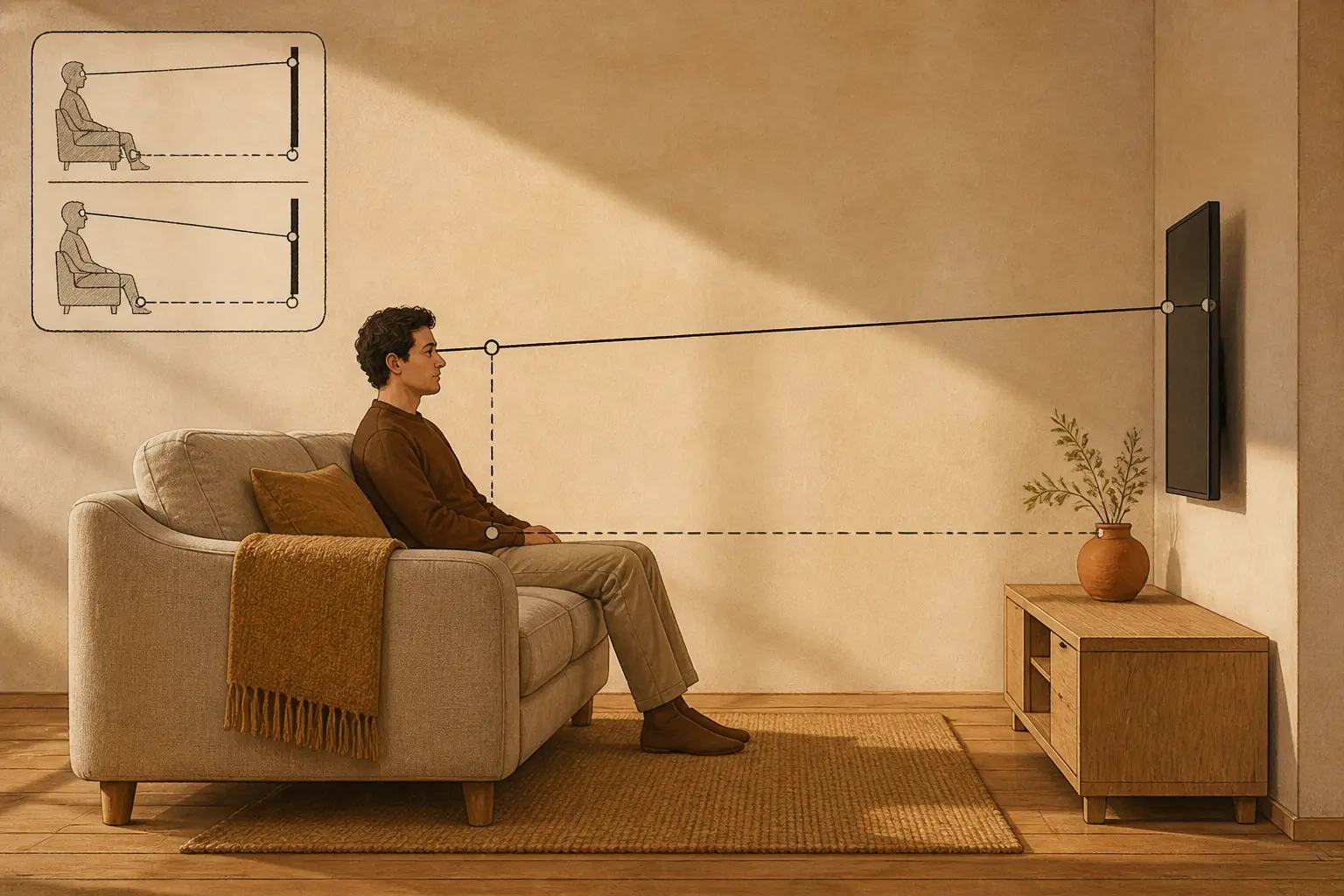 Schéma de distance tv canapé : vue de profil d’un salon, mesure entre les yeux du spectateur et l’écran mural, avec canapé en repère.