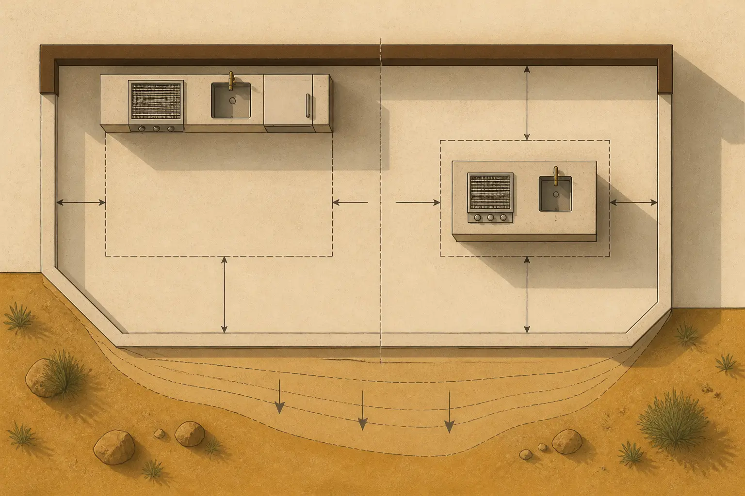 Plan technique de fabriquer cuisine exterieure beton : implantation contre mur ou îlot, cotes et circulation.