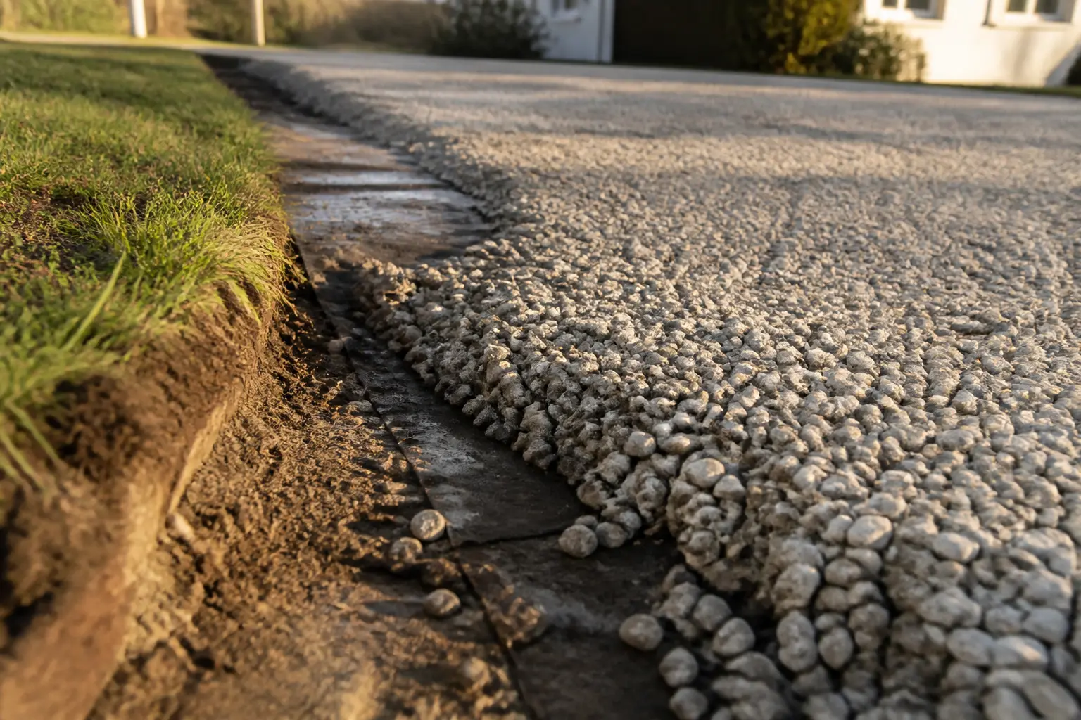 Gravier sur geotextile d’une allée résidentielle, bord en coupe avec sol compacté et drainage naturel.
