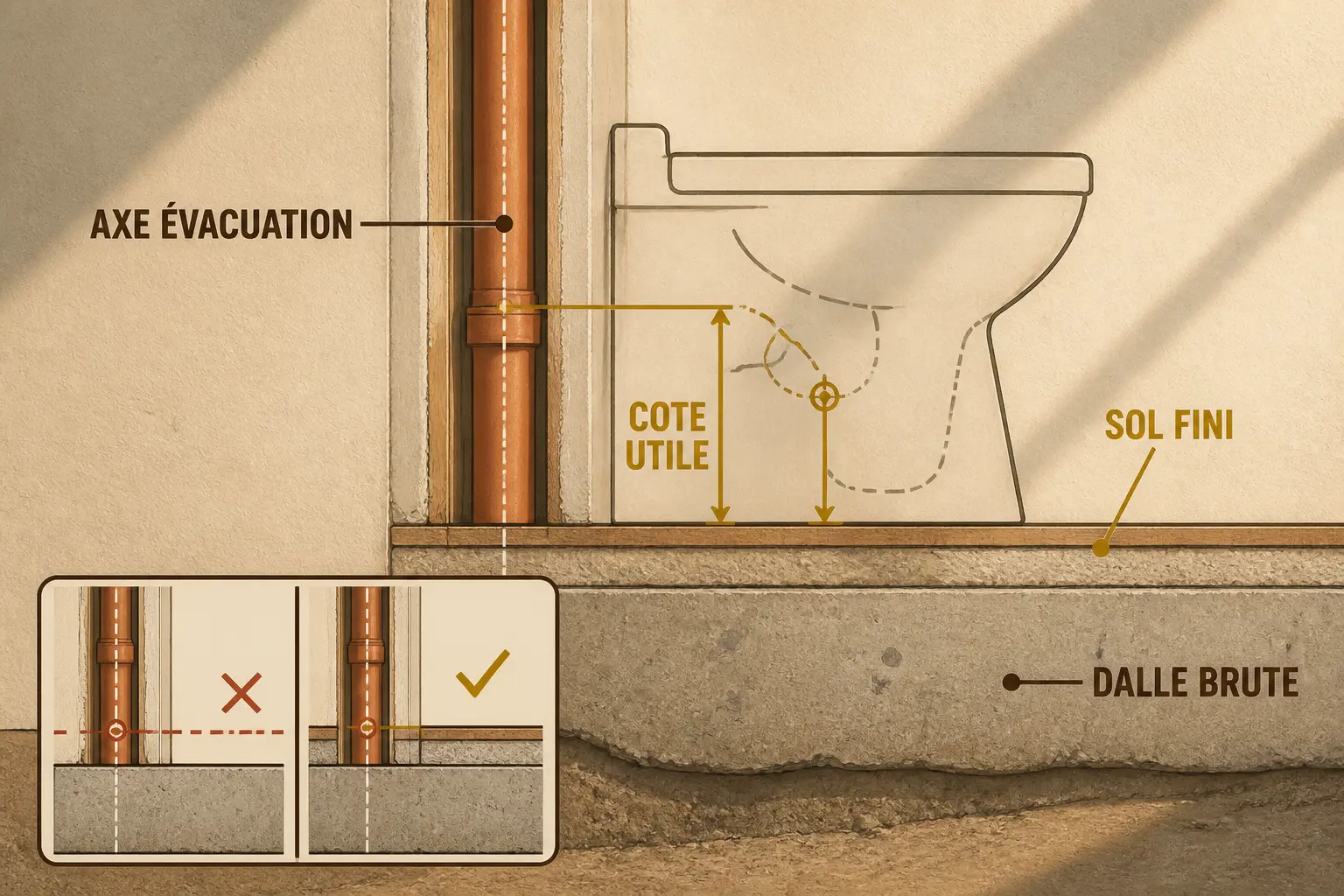 Schéma de hauteur evac wc montrant le sol fini, l’axe d’évacuation et l’alignement de la cuvette.