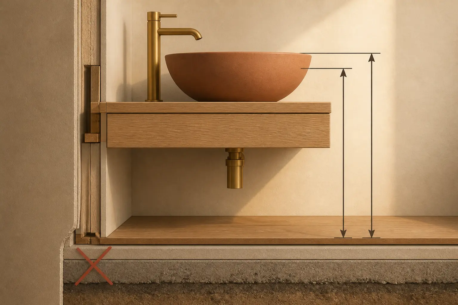 Schéma technique de hauteur lavabo mesurée depuis le sol fini, avec vasque, robinet et repère de hauteur clair.