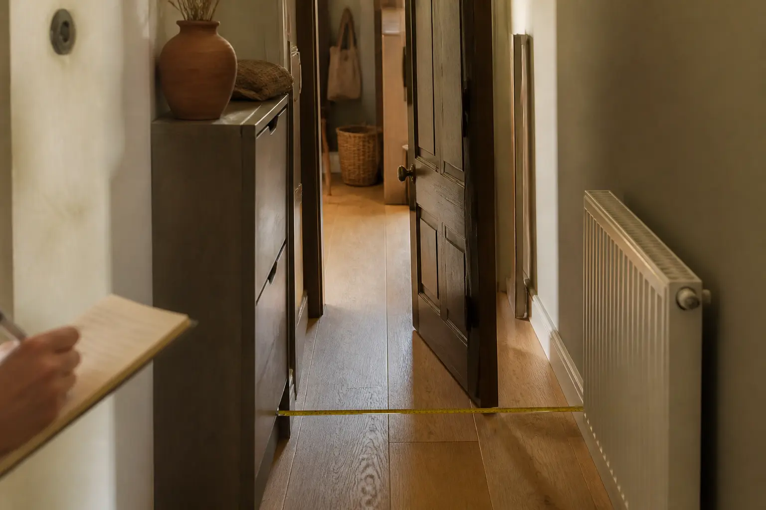 Idée déco couloir long et étroit : mesurer l’espace de circulation dans un couloir étroit avec mètre, porte et meuble bas