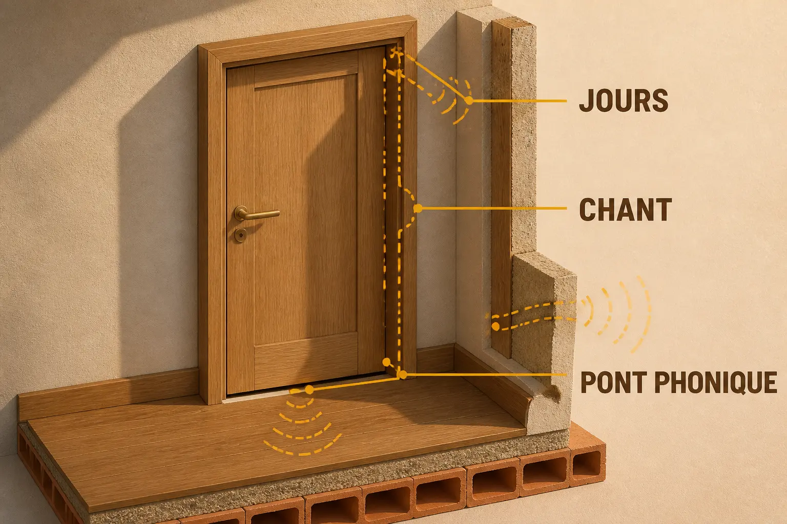 Schéma isométrique d’une porte fermée pour isoler une porte phoniquement, avec fuites par jour, chant et pont phonique.