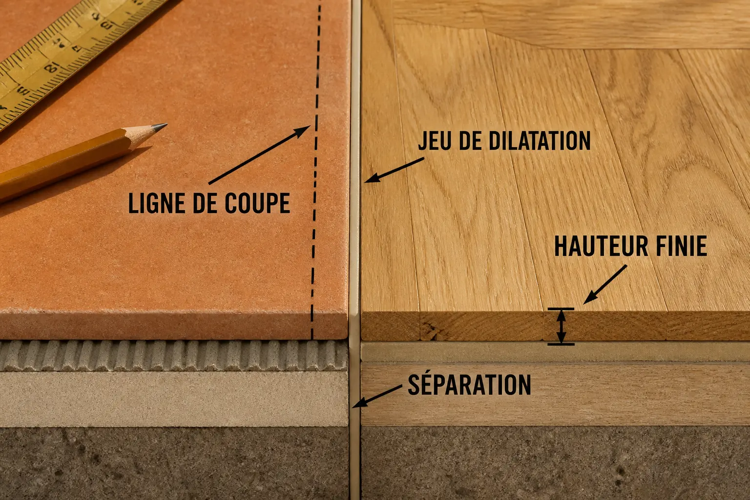 Schéma technique de jonction carrelage parquet avec jeu de dilatation, hauteur finie et ligne de coupe avant découpe
