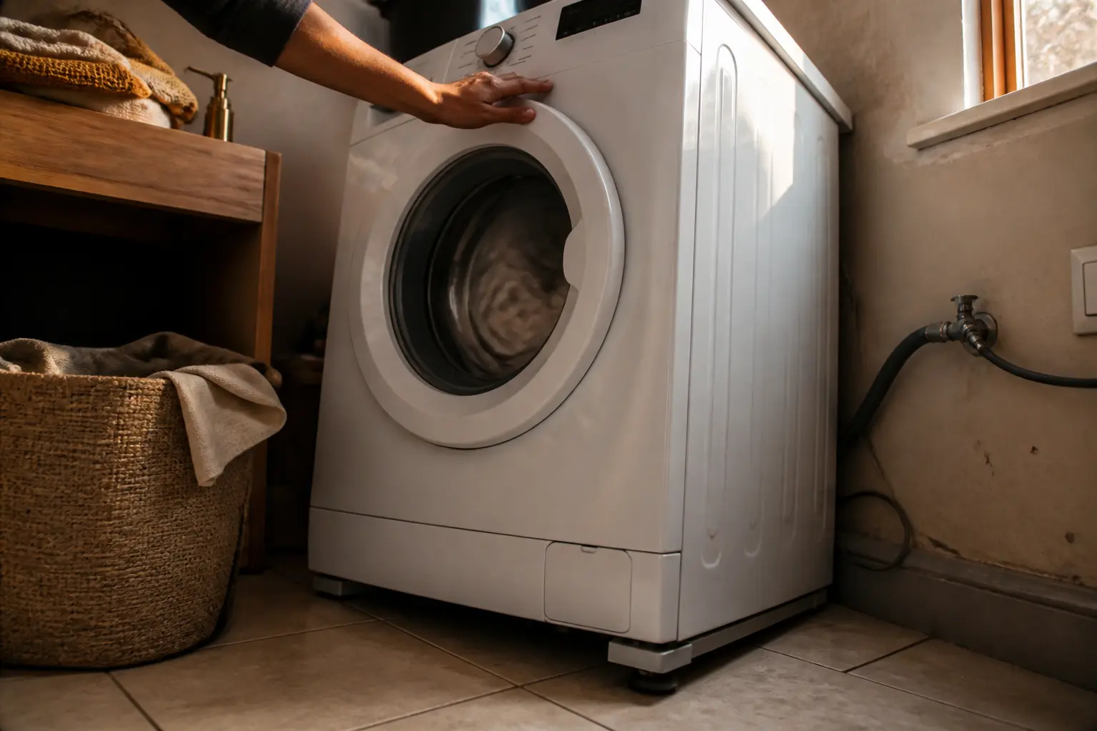 Machine à laver bruit marteau piqueur : lave-linge qui avance, pied qui glisse, main pour l’arrêter.
