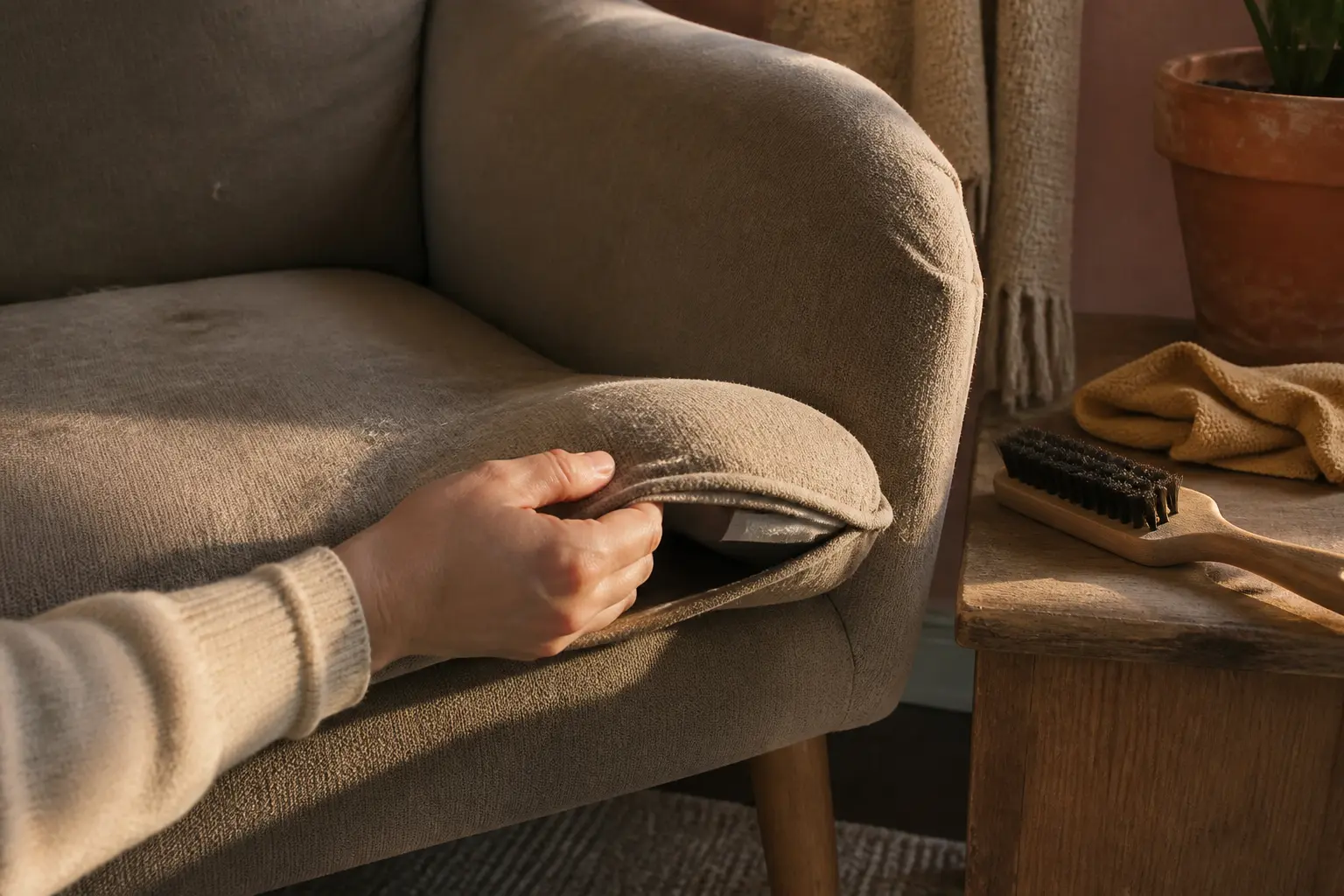 Nettoyer un fauteuil en tissu : main soulevant l’assise pour vérifier l’étiquette avant nettoyage.