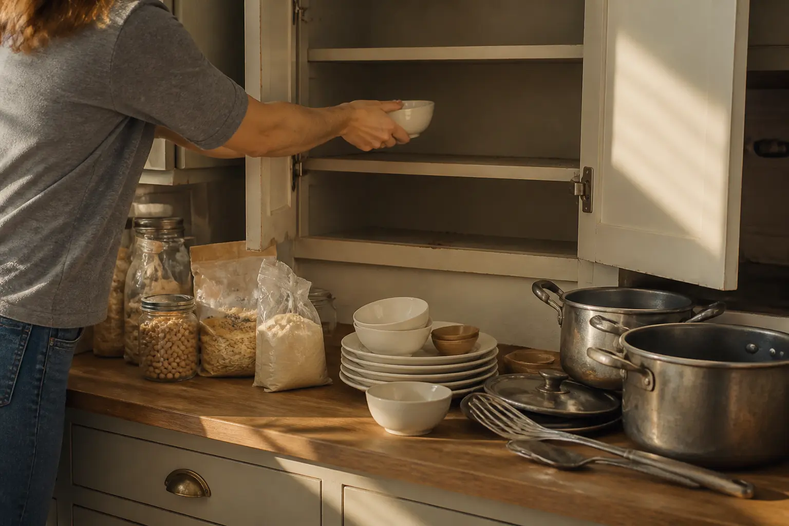 Organiser placards cuisine : placard vide ouvert, aliments, vaisselle et ustensiles triés sur le plan de travail avant rangement