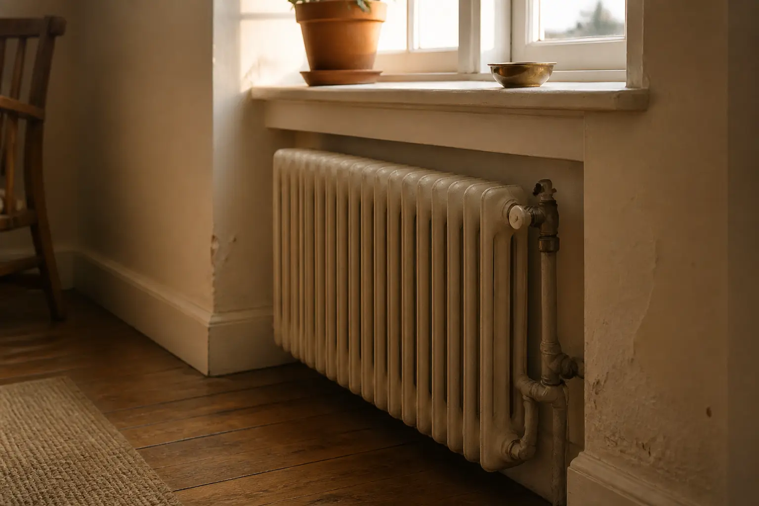 Radiateur ancien sous fenêtre, accès limité pour peindre des radiateurs, tuyaux, valves et traces de rouille visibles