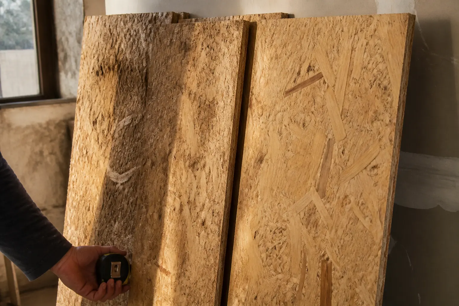 Panneaux OSB de différents niveaux de finition à identifier avant de peindre osb, dans un atelier lumineux.