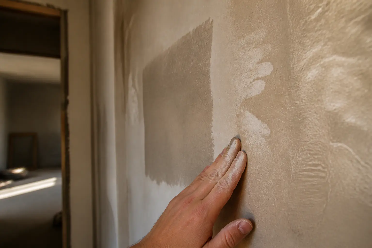 Peindre sur du platre : mur inspecté, zones poudreuse, réparée et légèrement brillante sous lumière chaude.