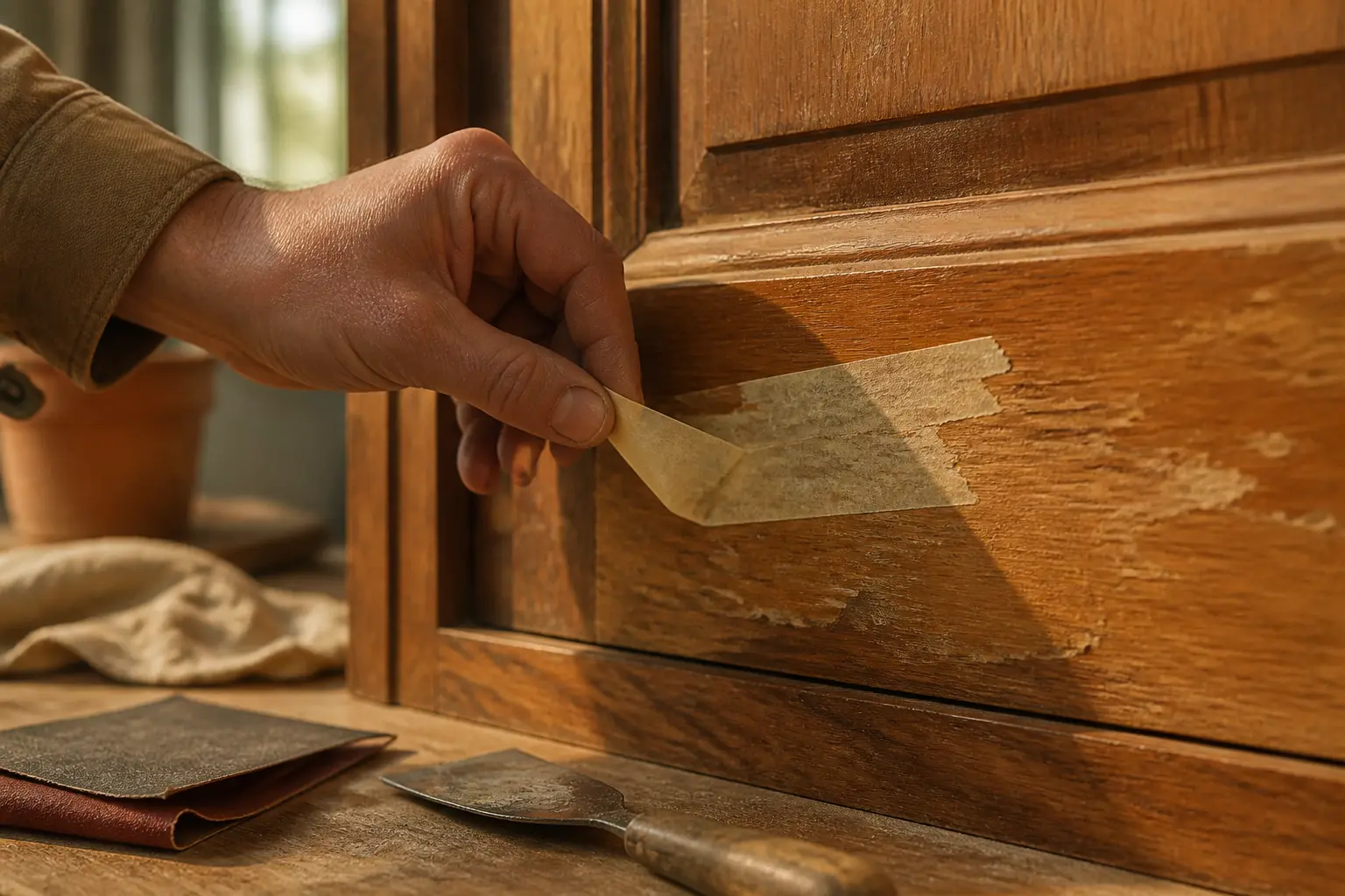 Tester un bois vernis avant de peindre : ruban adhésif arraché, vernis qui s’écaille, outils de ponçage.