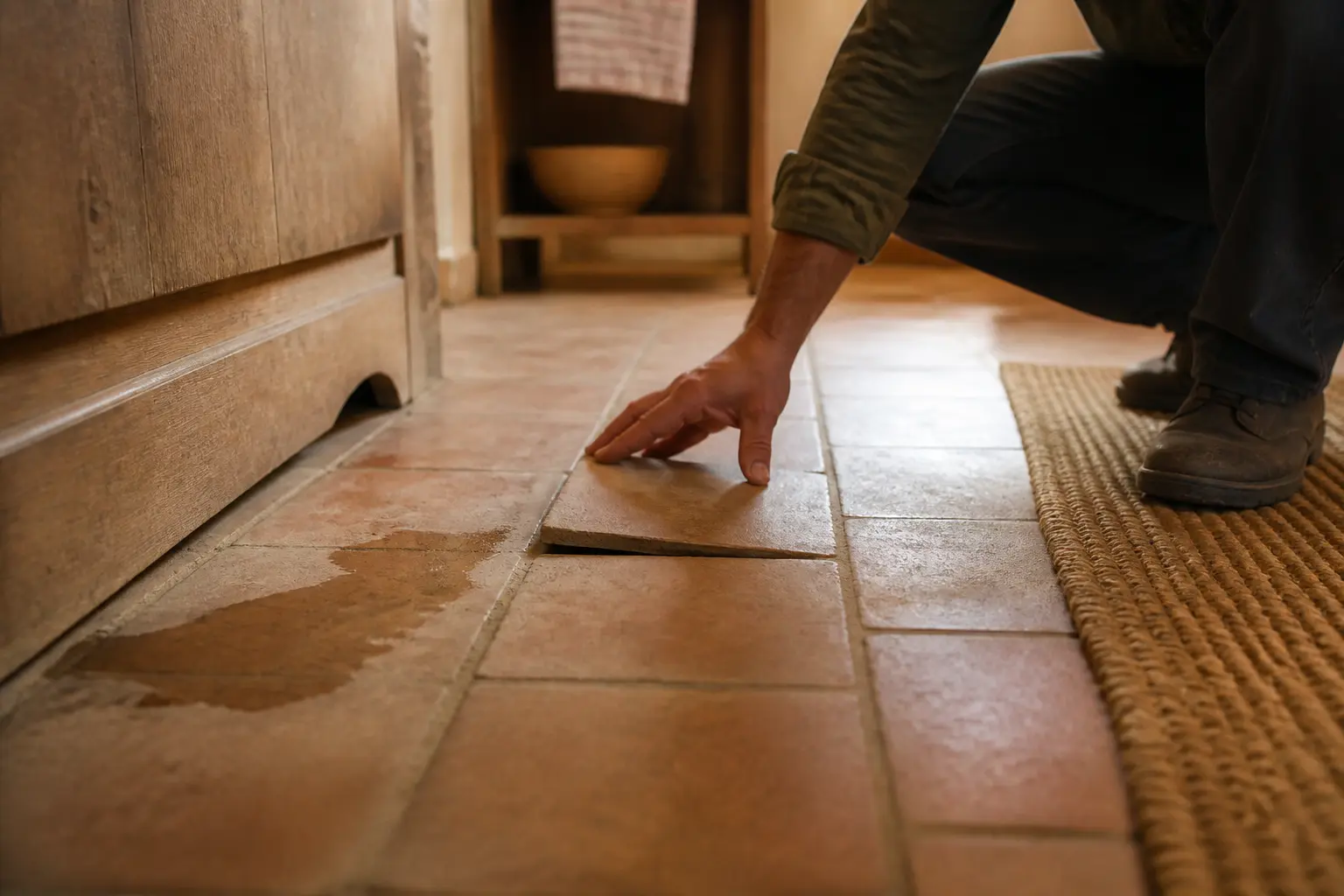 Main vérifie un carrelage usé avant de peindre un sol carrelé, dans une cuisine réelle avec une dalle légèrement soulevée.