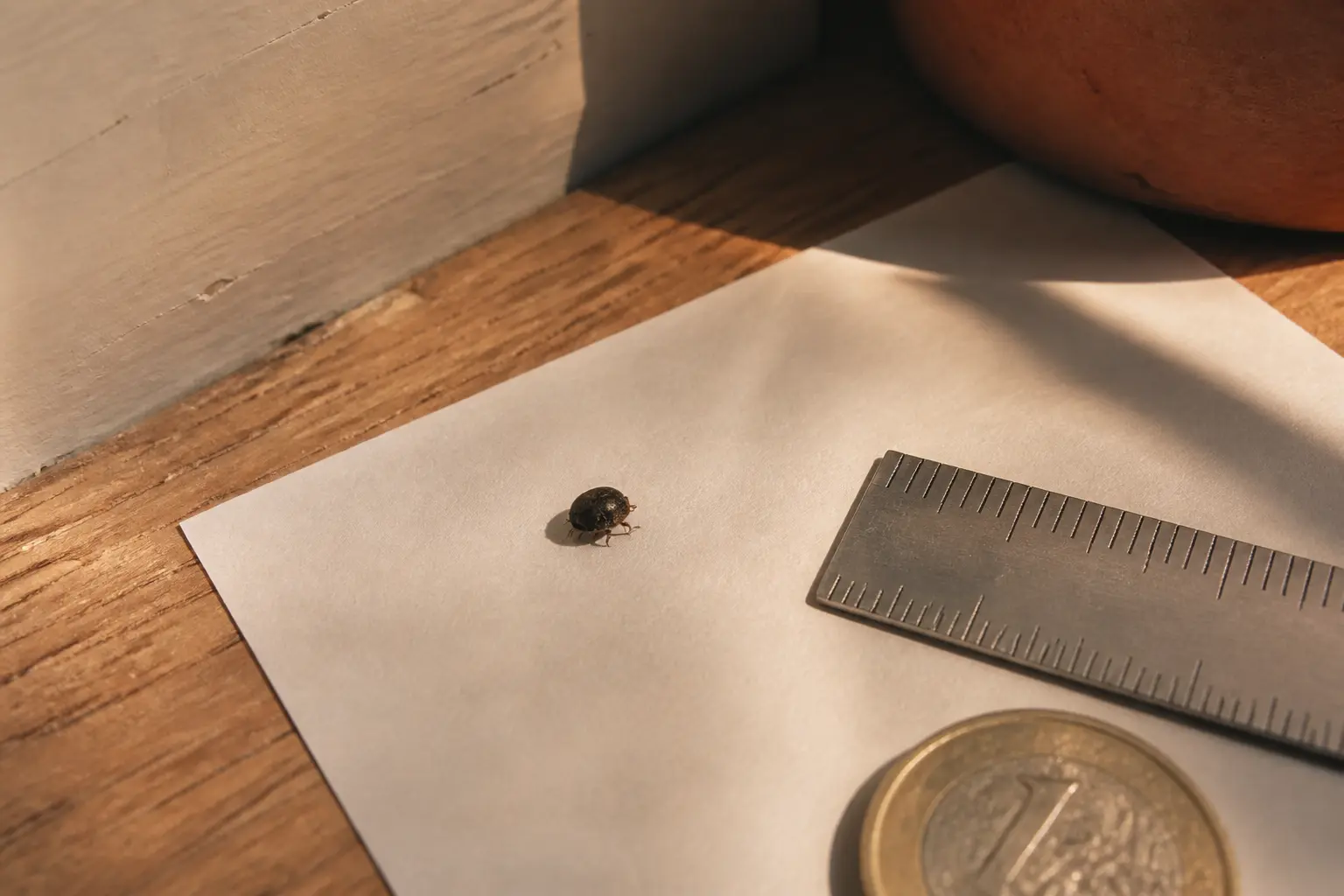 Petit insecte noir rond maison sur une feuille, avec règle millimétrée et pièce pour l’échelle.
