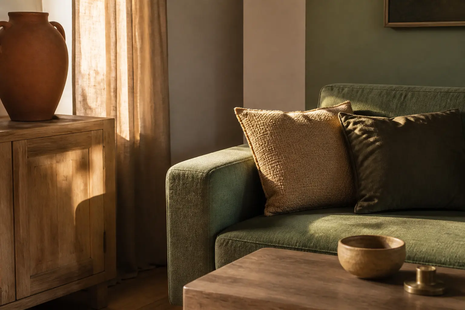 Salon lumineux avec canapé vert, mur écru, vase terracotta et bois brut : quelle couleur va avec le vert selon la lumière.