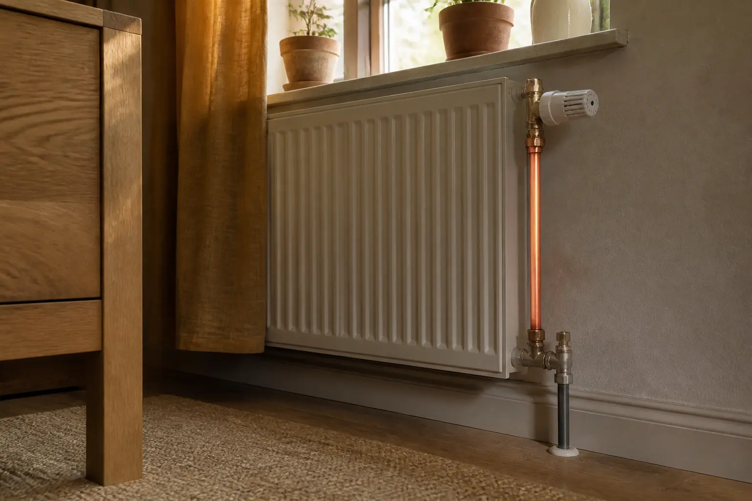 Radiateur ne chauffe pas tuyau froid : radiateur mural avec un tuyau chaud et l’autre froid, valves visibles.