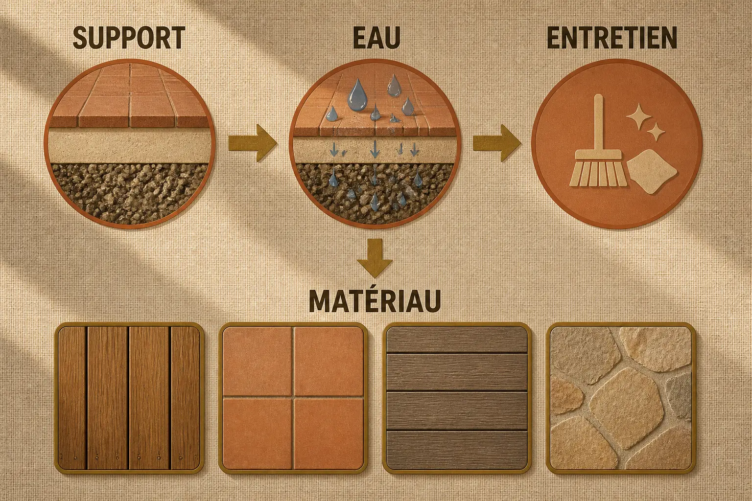 Infographie comparant le revêtement extérieur pour terrasse : support, eau, entretien puis matériau adapté.