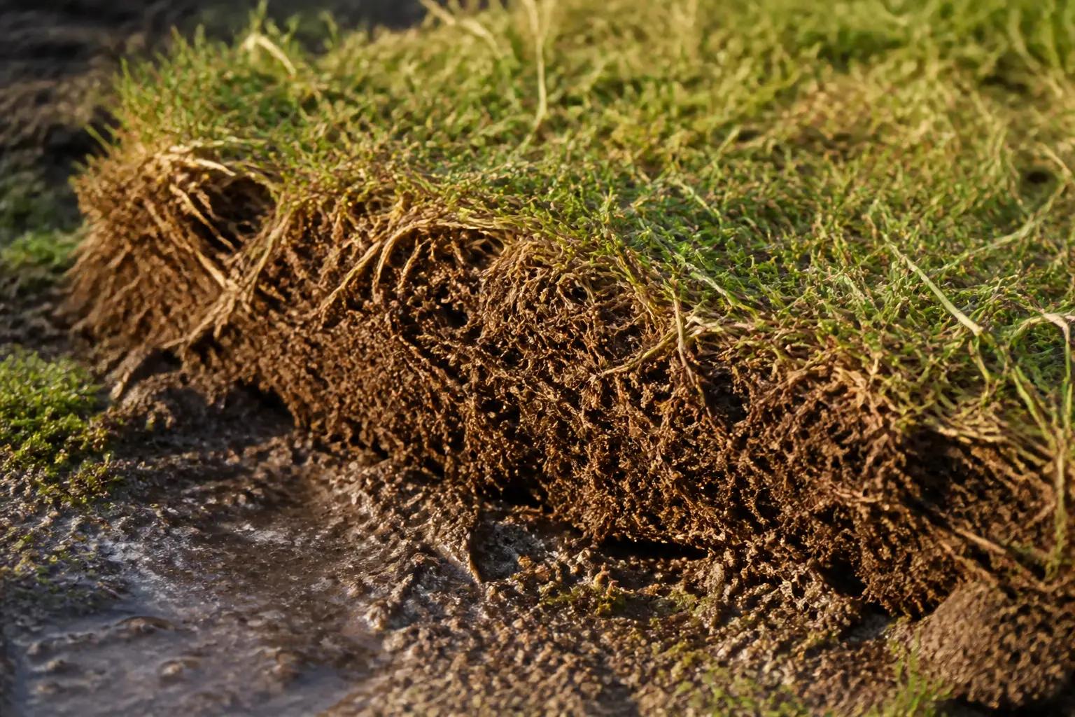 Scarifier une pelouse : gros plan d’une pelouse partiellement scarifiée, révélant une épaisse couche de chaume brun, sol humide et mousse en bordure