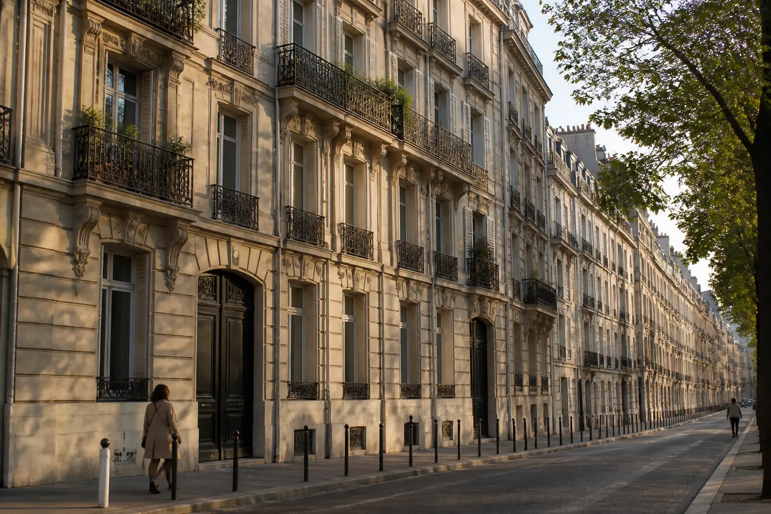 Boulevard parisien en style haussmannien, façades en pierre, balcons filants et alignement urbain en perspective.