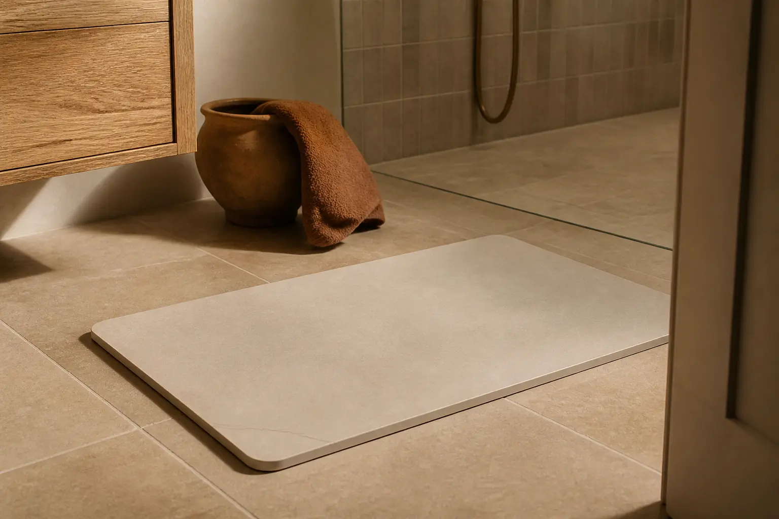Tapis diatomite danger : tapis de bain en diatomite intact avec fine fissure dans une salle de bain.