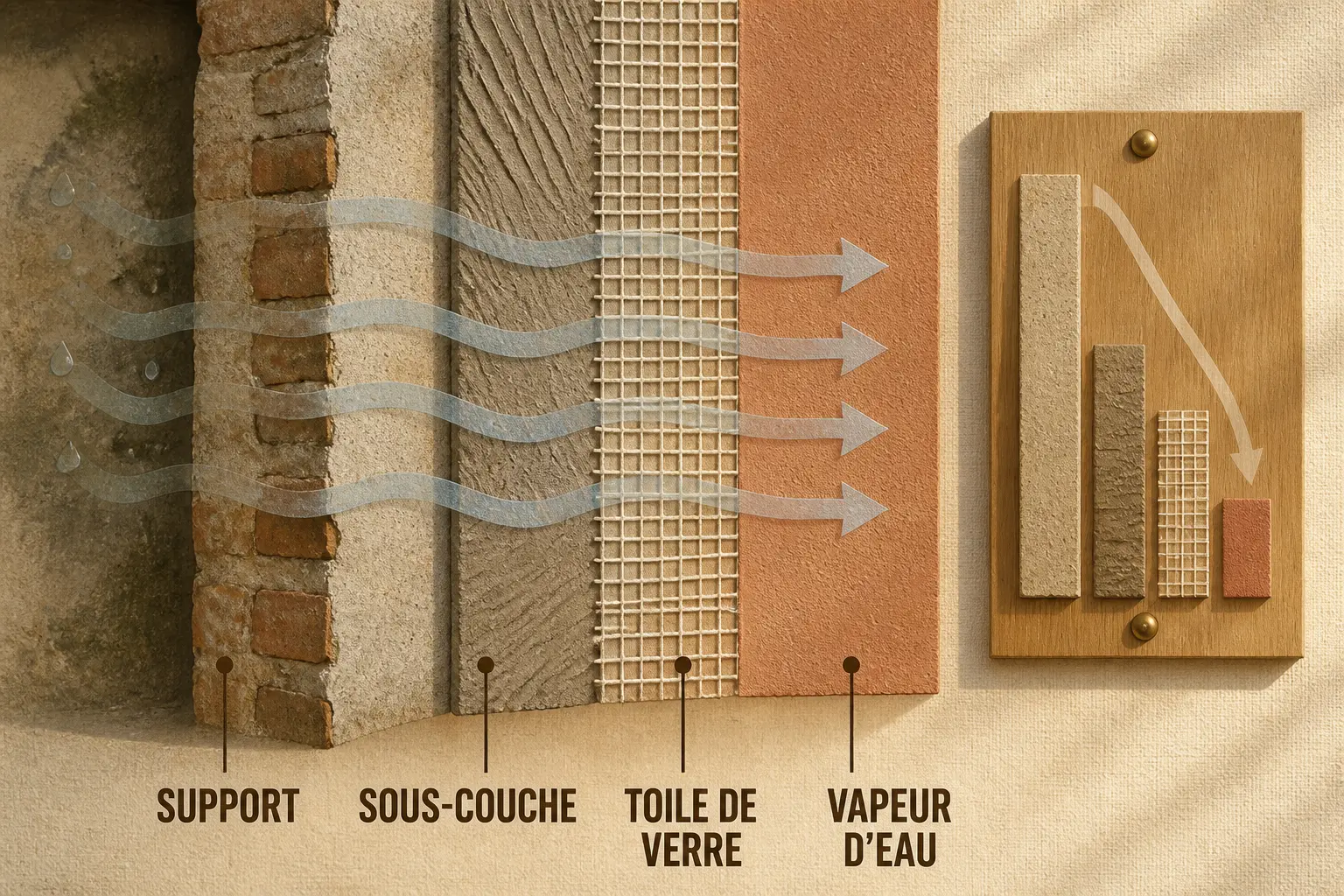 Schéma de coupe murale montrant la toile de verre respiration des murs avec vapeur d’eau et couches du support