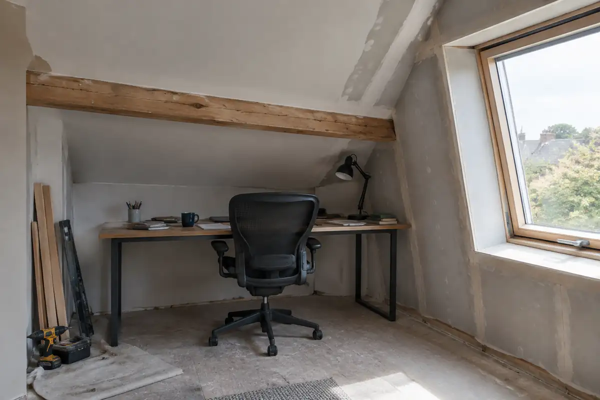 Bureau installé sous le rampant de combles, fauteuil placé là où la hauteur le permet