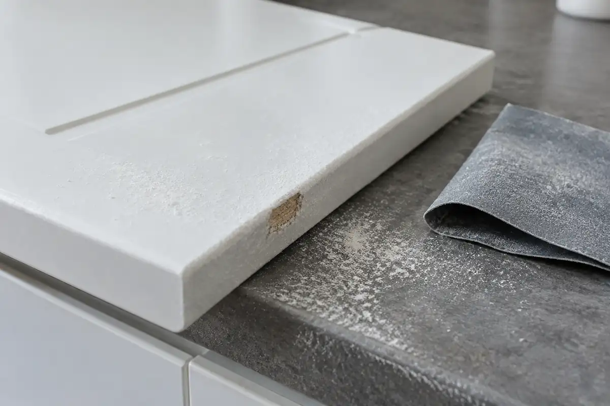 Chant d'une porte de cuisine en mélaminé blanc égrenée au papier fin, avec un éclat qui laisse voir le panneau