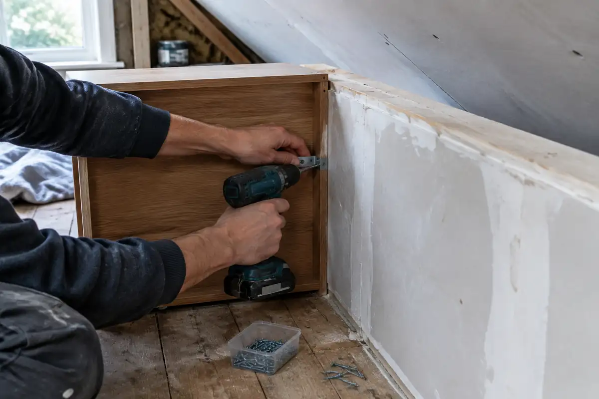Équerre vissée entre un meuble bas et le muret d'une pièce sous comble