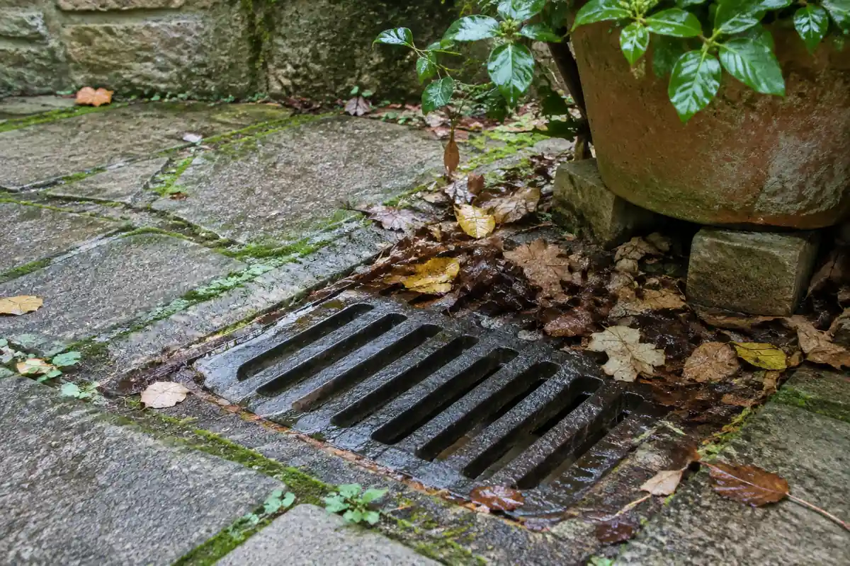 Grille d'évacuation en fonte dans le pavage d'une courette, feuilles mouillées autour