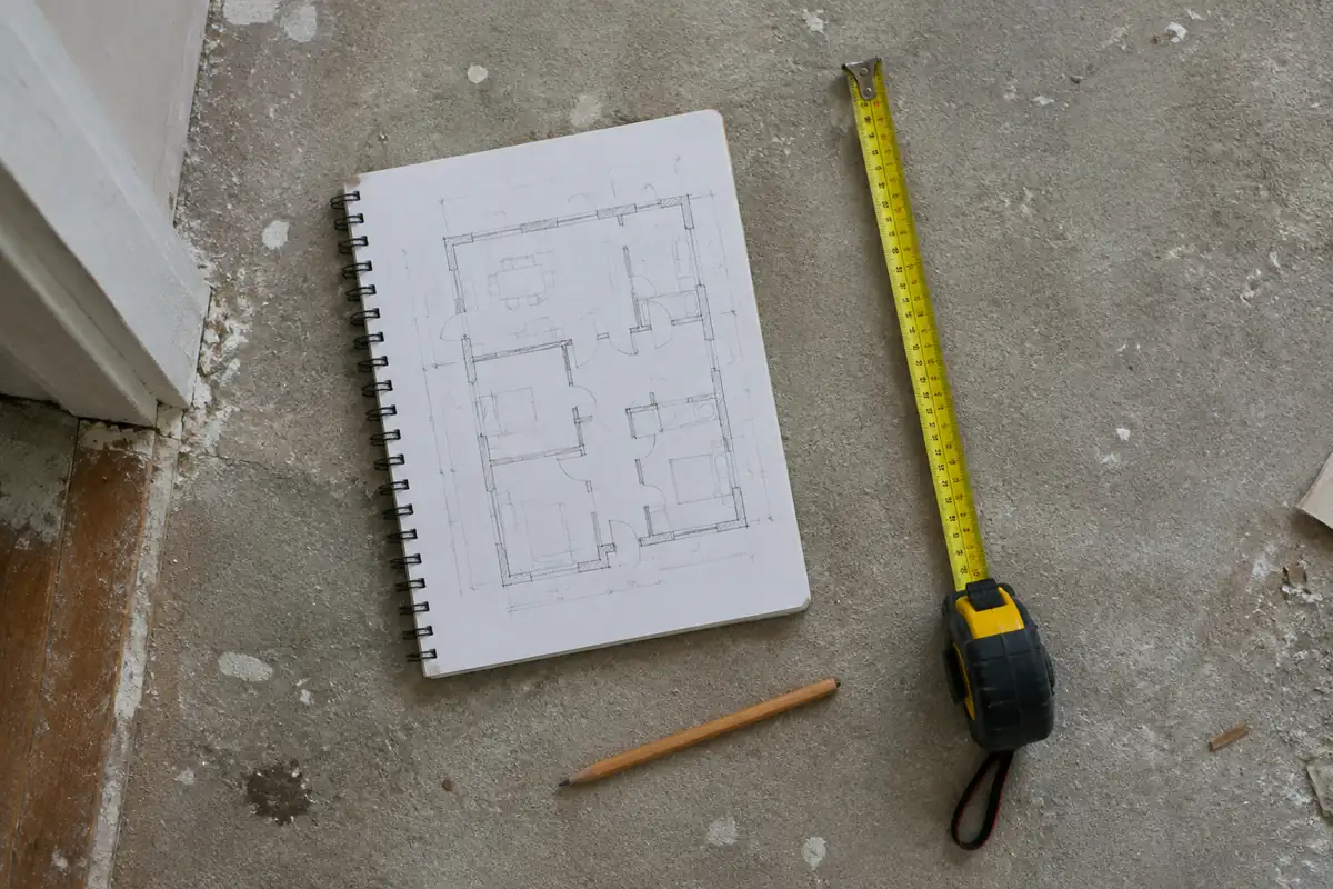 Plan de pièce dessiné à la main sur un carnet, posé au sol à côté d'un mètre ruban