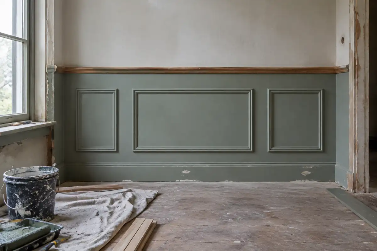 Bas d'un mur intérieur avec cimaise en bois et moulures en rectangles
