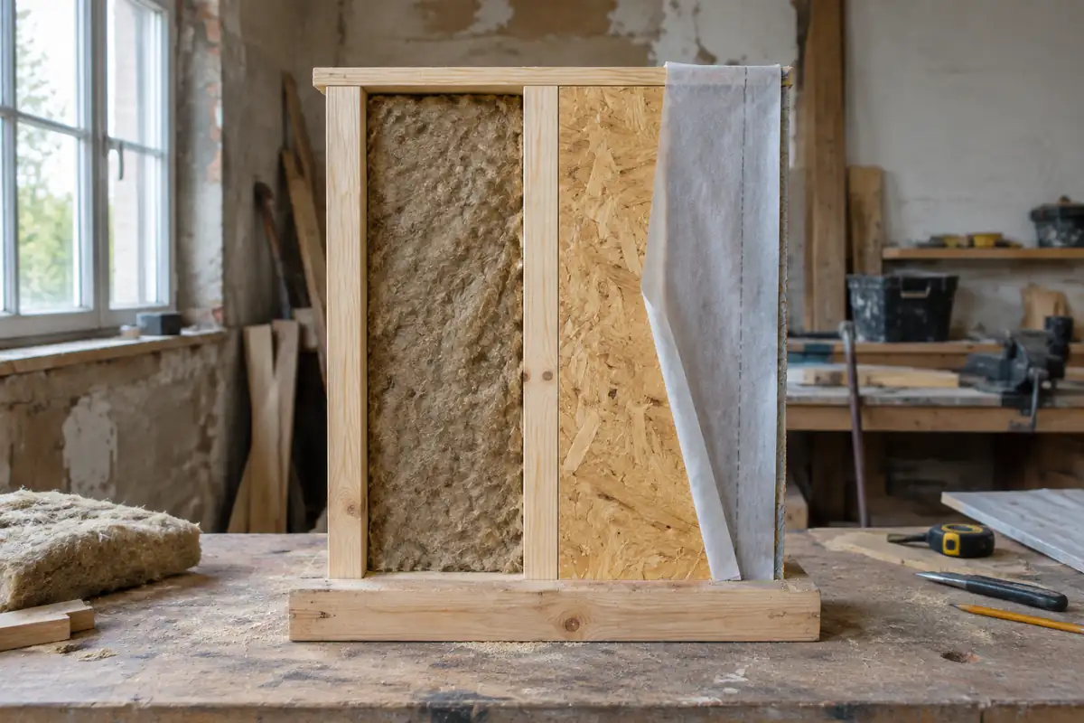 Échantillon de mur à ossature bois coupé pour montrer les montants, l'isolant en fibre, un panneau OSB et une membrane, posé sur un établi