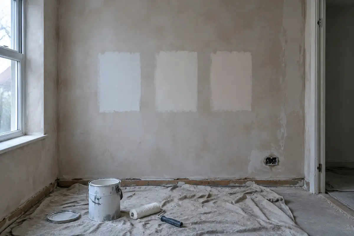Mur nu avec trois essais de blanc, pot de peinture et rouleau sur une bâche près d'une fenêtre