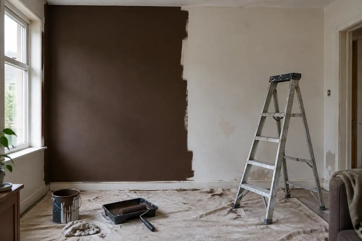 Mur de salon à moitié peint en brun chocolat à côté d'une fenêtre, bac à peinture et escabeau sur une bâche