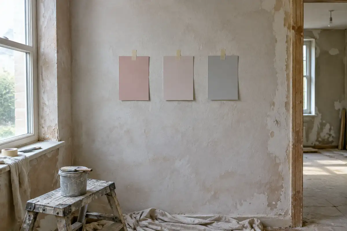 Trois cartes d'échantillons vierges rose poudré et gris clair fixées sur un mur
