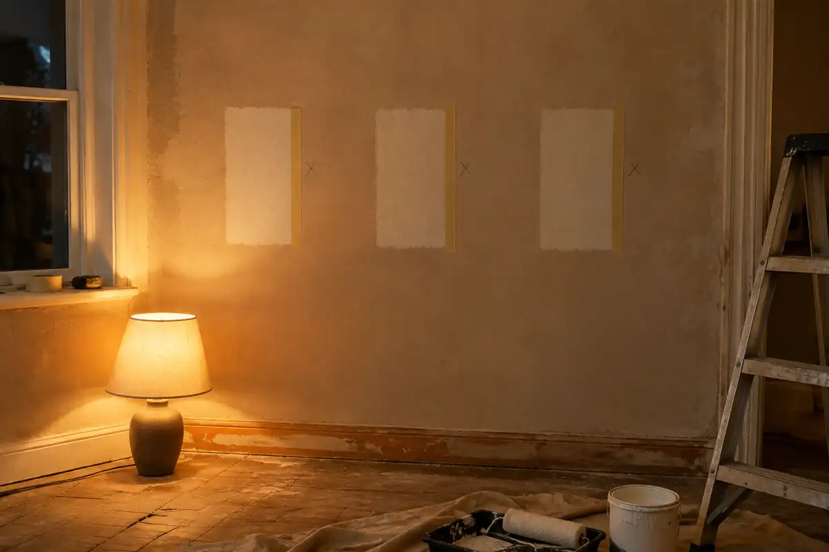 Trois essais de blanc sur un mur le soir, éclairés par une lampe posée au sol