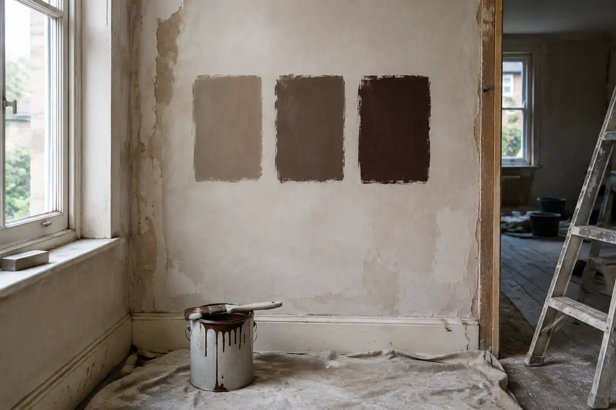 Trois essais de brun du taupe clair au brun rouge très foncé sur un mur