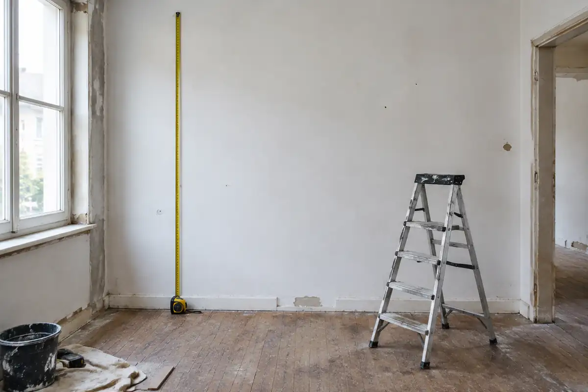 Mur blanc avec un mètre ruban déroulé et une échelle, pièce à peindre