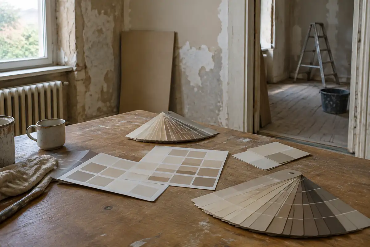 Nuanciers de peinture beiges étalés sur une table