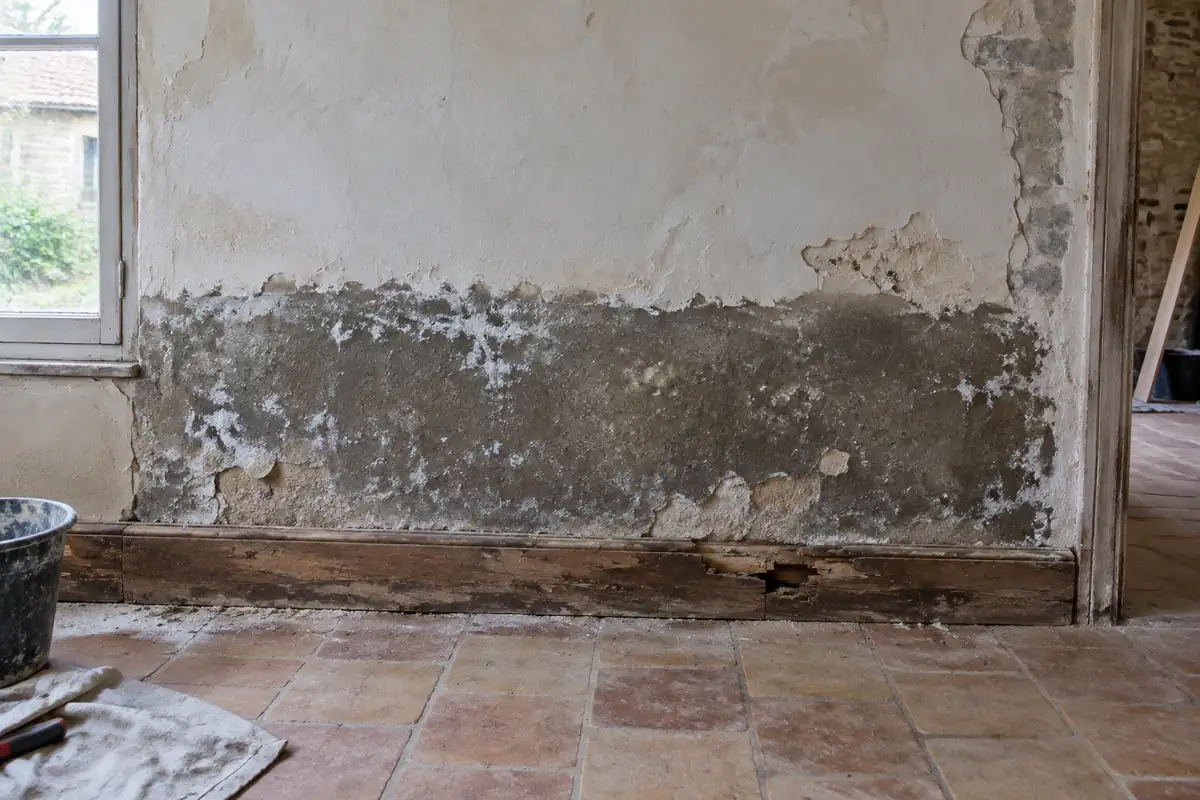 Pied de mur en pierre marqué d'une frange humide régulière, de salpêtre et d'un enduit qui s'effrite au-dessus d'une plinthe abîmée