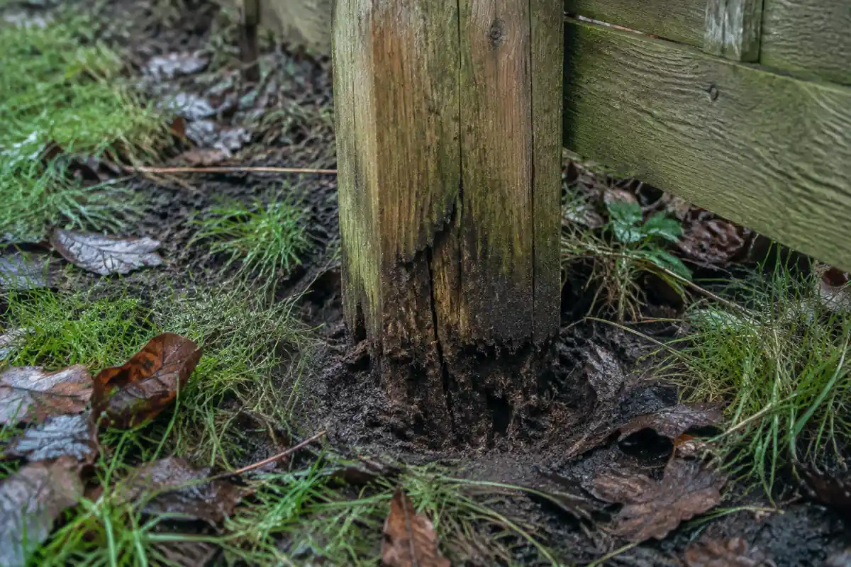 Pied d'un poteau de clôture en bois planté dans la terre humide, noirci et fendu à sa base