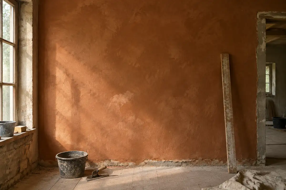 Mur en enduit de chaux terre cuite éclairé de côté