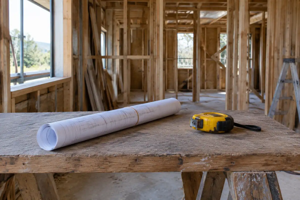 Plan de maison roulé et mètre ruban posés sur un établi dans une ossature bois en construction